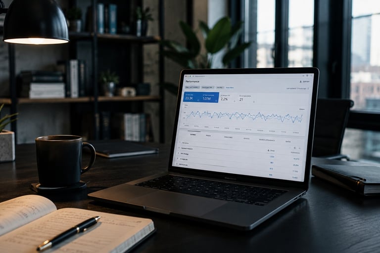 Pantalla con gráficos de crecimiento y palabras clave optimizadas para servicio profesional de posicionamiento SEO.