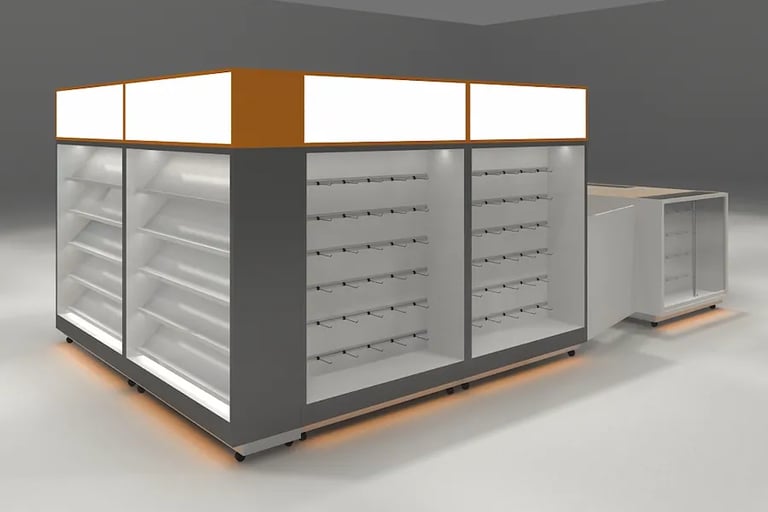Modern retail display kiosk with lighted shelves and pegboard hooks for product merchandising.