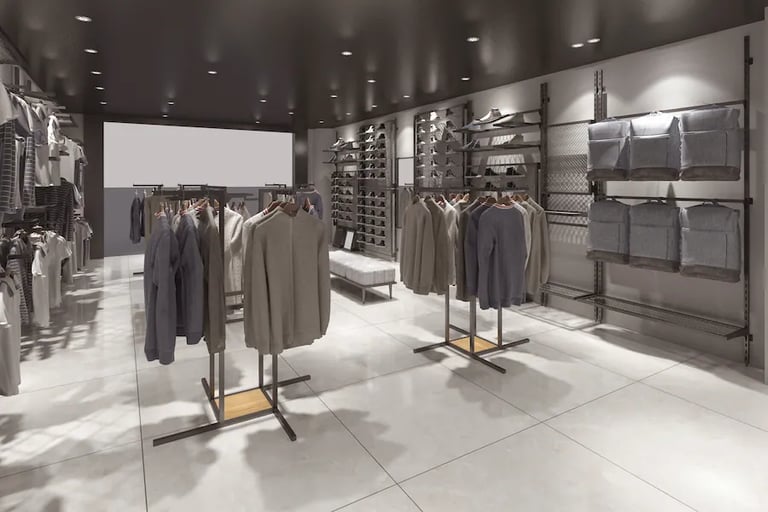Modern minimalist clothing store interior featuring organized garment racks, shoe displays, and backpacks.