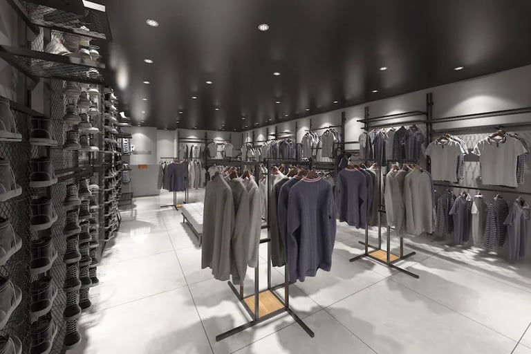 Modern retail clothing store interior with sneakers on wall racks and apparel on metal display stands.