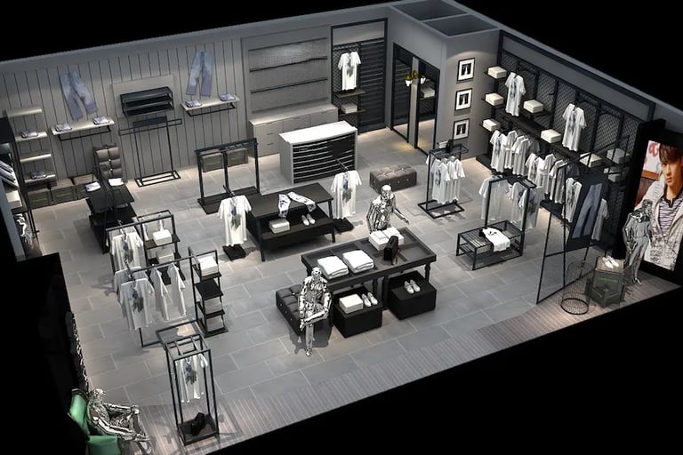 Modern industrial clothing store interior with minimalist racks, display tables, and silver mannequins.