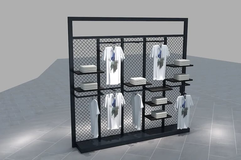 Modern black metal mesh retail clothing display rack with folded apparel and hanging t-shirts.
