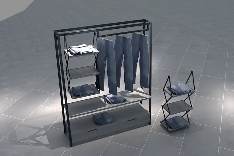 Modern industrial retail clothing display rack with hanging denim jeans and folded apparel on wooden shelves.