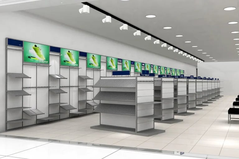 Modern retail store display shelving and wall-mounted shoe racks with track lighting and posters.