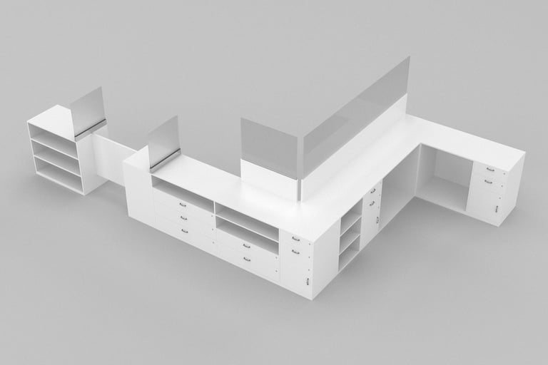 White modular L-shaped reception desk with built-in storage drawers and acrylic sneeze guards.