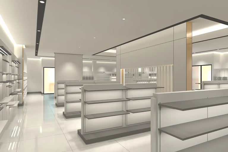 Modern white retail store interior featuring empty modular display shelves and bright LED track lighting.