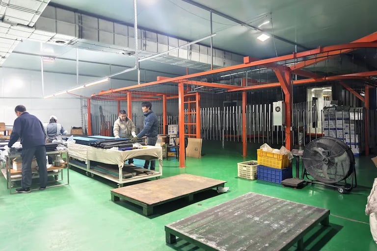 Factory workers processing aluminum profiles at a manufacturing facility with conveyor systems.