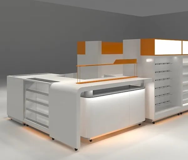 Modern white and orange retail kiosk with modular display shelving and service counter.
