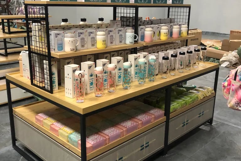 Retail display shelves stocked with colorful ceramic mugs, glass water bottles, and boxed gift sets.