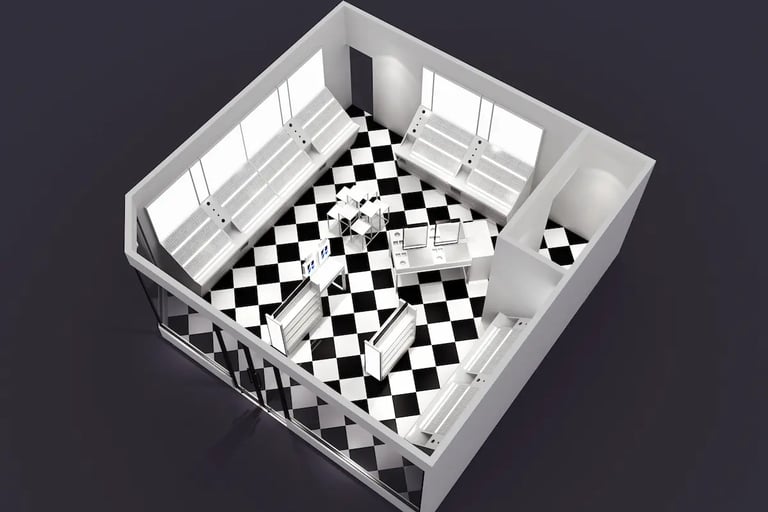 Top-down 3D store floor plan with retail shelving and black and white checkered flooring.