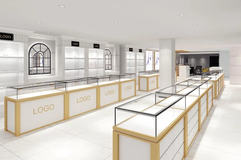 Luxury jewelry store interior featuring white and gold glass display cases and wall shelving.