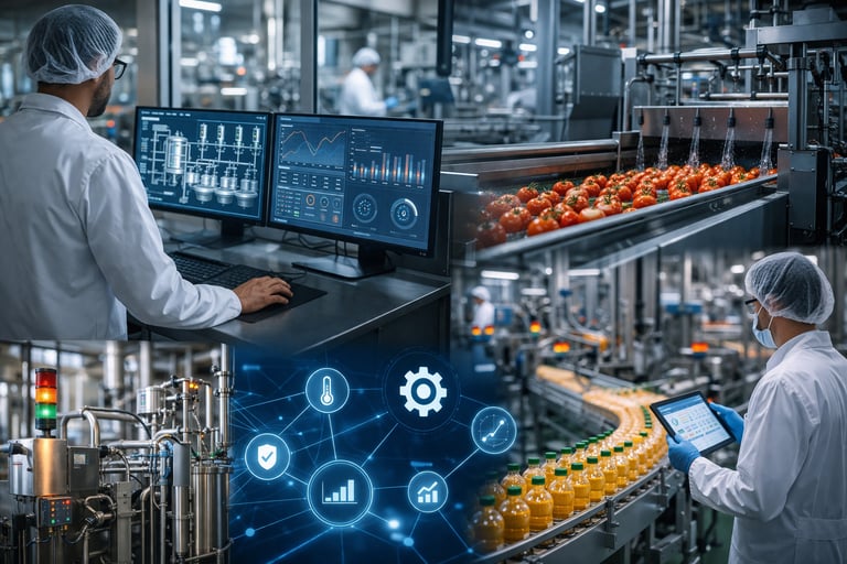 Picture of worker monitoring a SCADA controls and images of different food processing pictures
