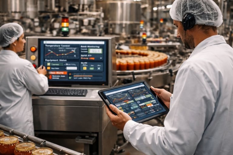 Worker monitoring food production efficiency with SCADA