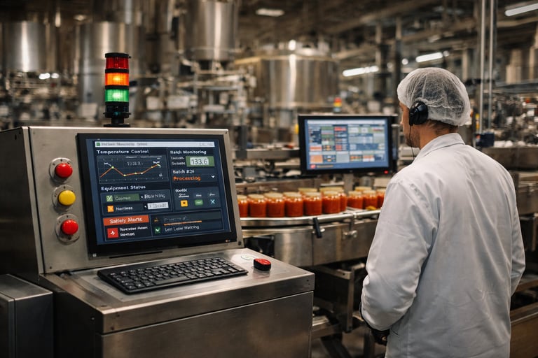 Worker monitoring a SCADA control panel in a modern food processing facility