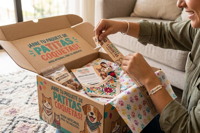 persona abriendo una caja de ropa de patitas coquetas