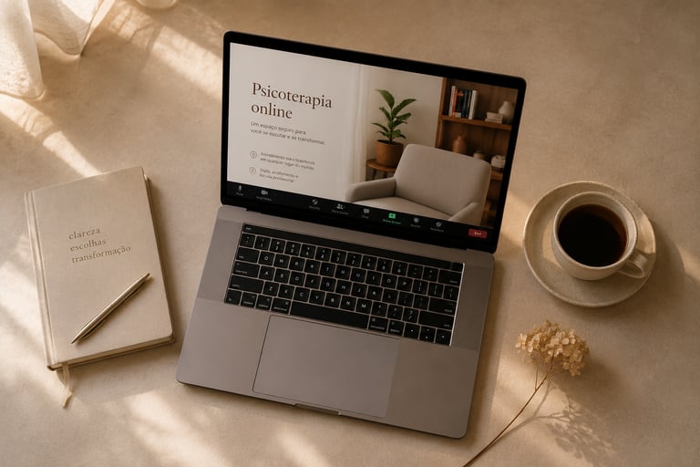 Laptop showing an online psychotherapy session website next to a notebook and coffee cup.