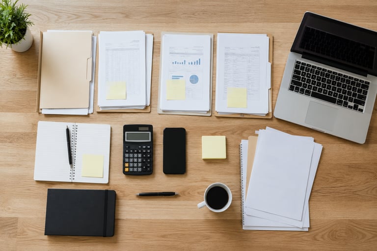 Organized business paperwork and office tools arranged neatly on a desk.