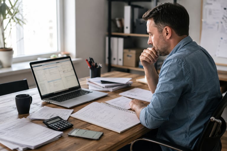 Small business owner reviewing a long to-do list at their desk before starting work.