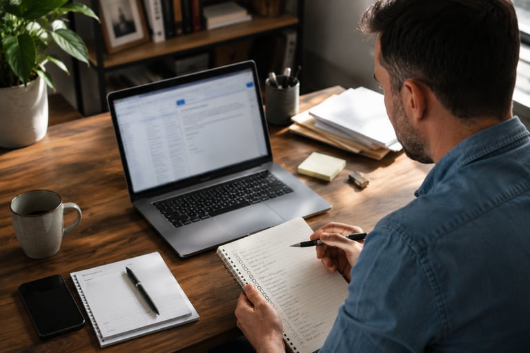 Small business owner reviewing work at a laptop with notes and business tasks nearby.