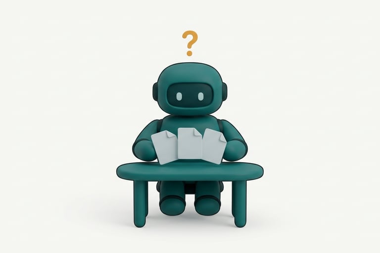 A friendly 3D robot producing three identical documents, illustrating how AI tools generate generic,