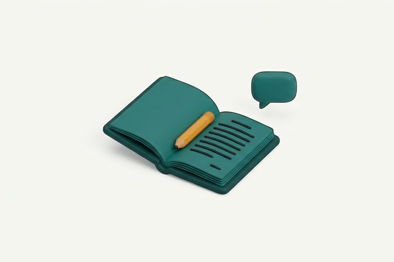 A small open branded booklet with a pencil on top and a speech bubble beside it, representing a bran