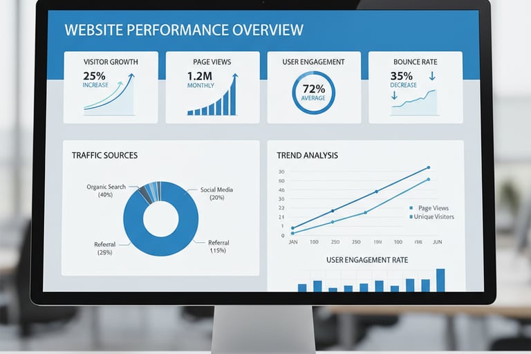 Website traffic and engagement metrics dashboard showing visitor growth and increased conversions