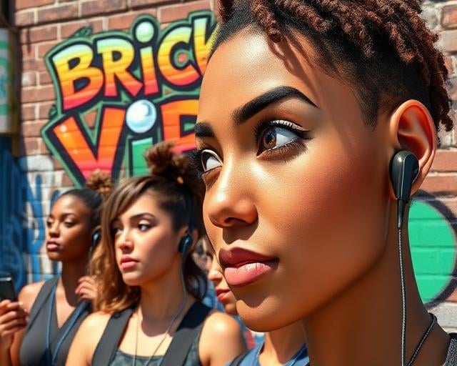 Young woman with short twist braids wearing earbuds in front of colorful urban graffiti art.