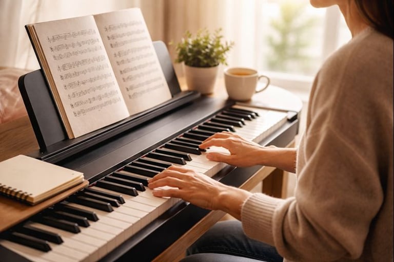 Adult practicing piano at home on a digital keyboard in a quiet room.