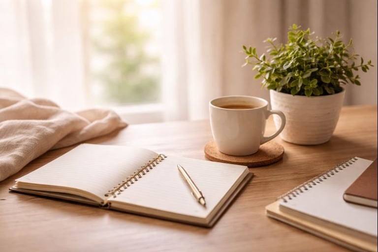 Calm home workspace with notebook, coffee mug, and plant used for planning family routines