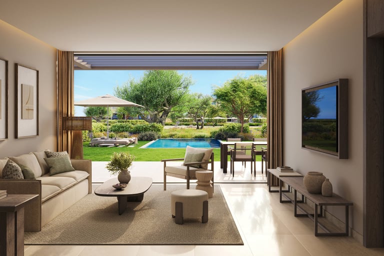 Modern luxury living room with open sliding glass doors leading to a backyard patio and swimming pool.