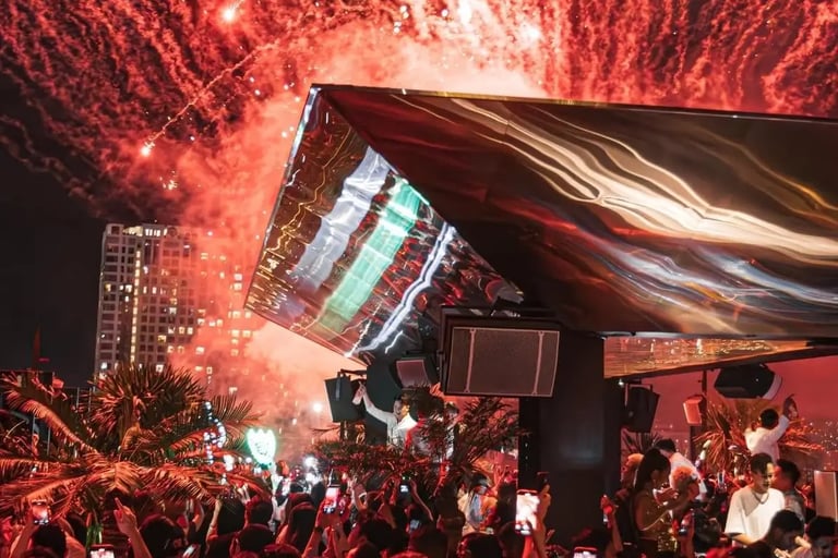 Zion Sky Lounge & Dining Ho Chi Minh Vietnam Saigon New Years Eve Celebration with Fireworks in Action Red Color