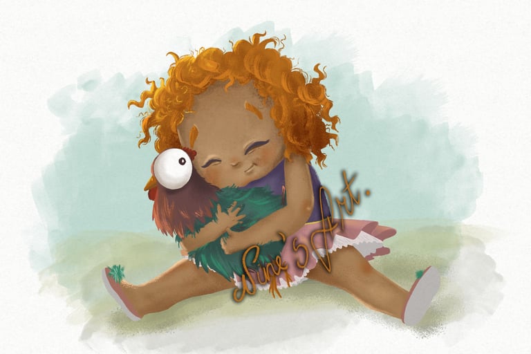 Curly ginger girl hugging a chick rooster. Digital painting, hand drawn, children book illustration.