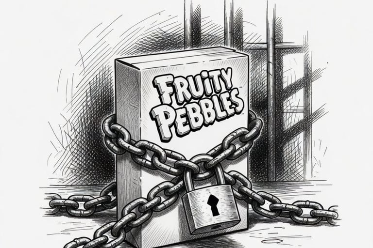 fruity pebbles cereal is chained - representing one inmates attempt to get a box of cocoa pebbles