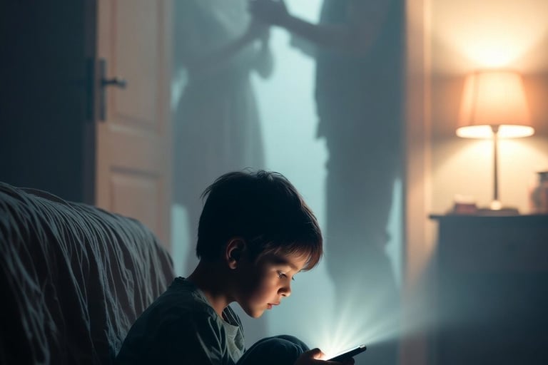 A quiet, emotional scene of a young child (around 8–10 years old) sitting on the floor in a dimly li
