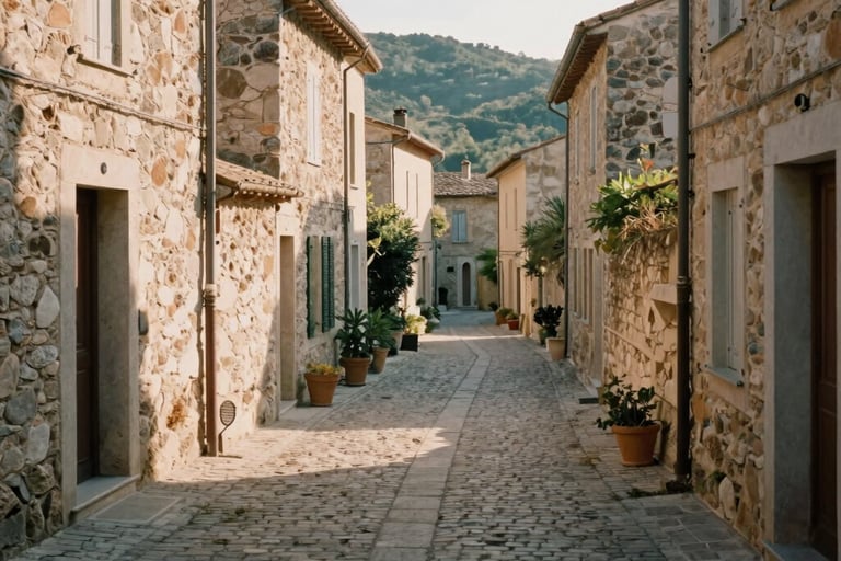 A narrow cobblestone street lined with traditional stone houses in a sunlit provencal village.