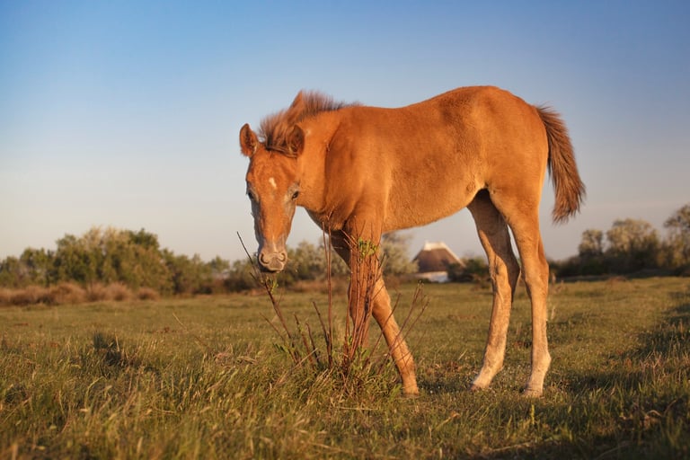 Young chestnut foal grazing in a sunlit grassy meadow at sunset.