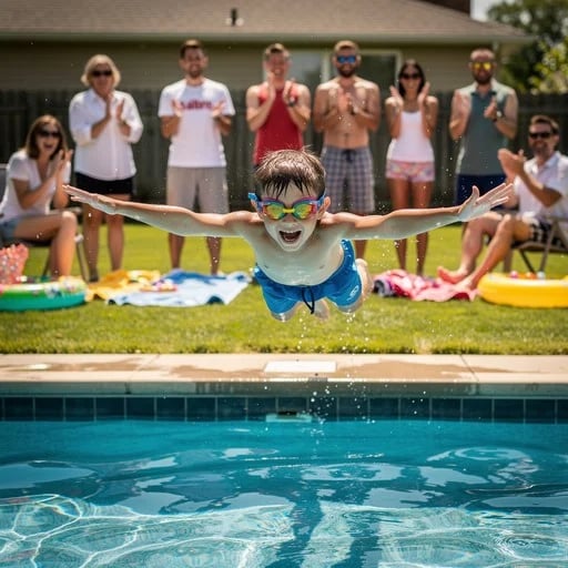 Excited boy in swim goggles and trunks jumping into a swimming pool with family and friends cheering in the background at a