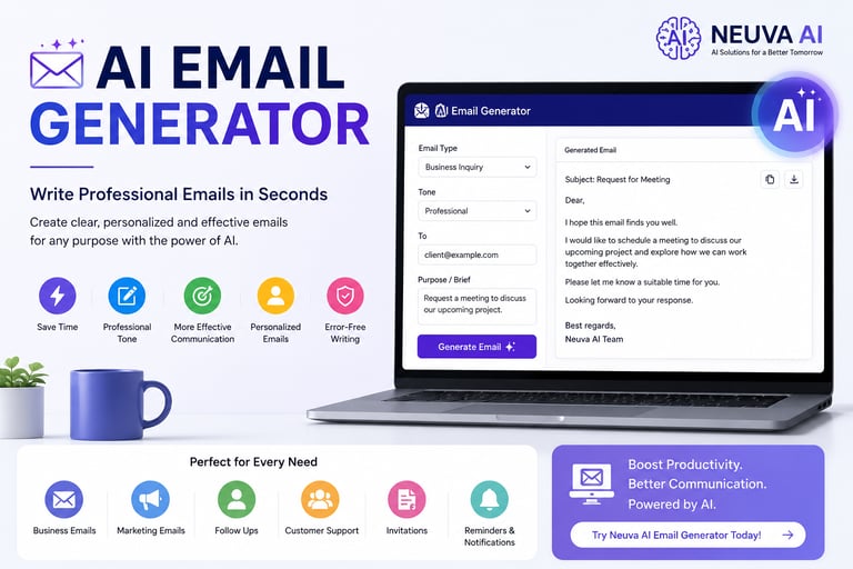 Neuva AI email generator interface on a laptop showing professional business email creation tools.