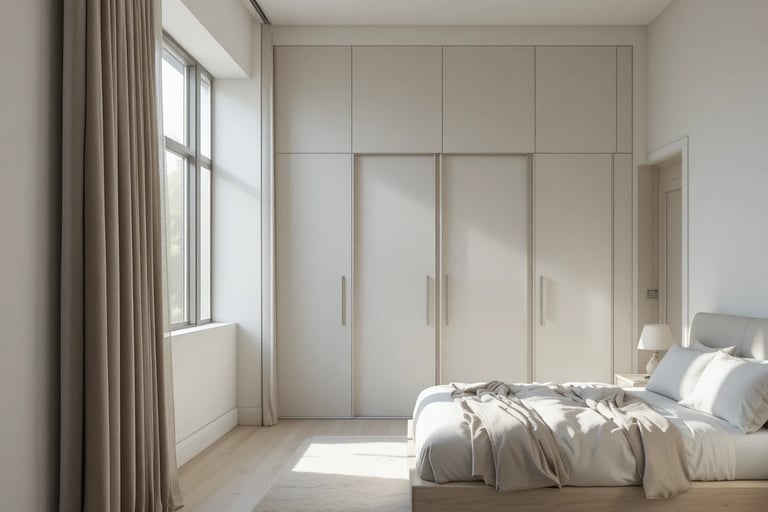 Dormitorio pequeño con armario hasta el techo y puertas correderas que optimiza el espacio disponibl