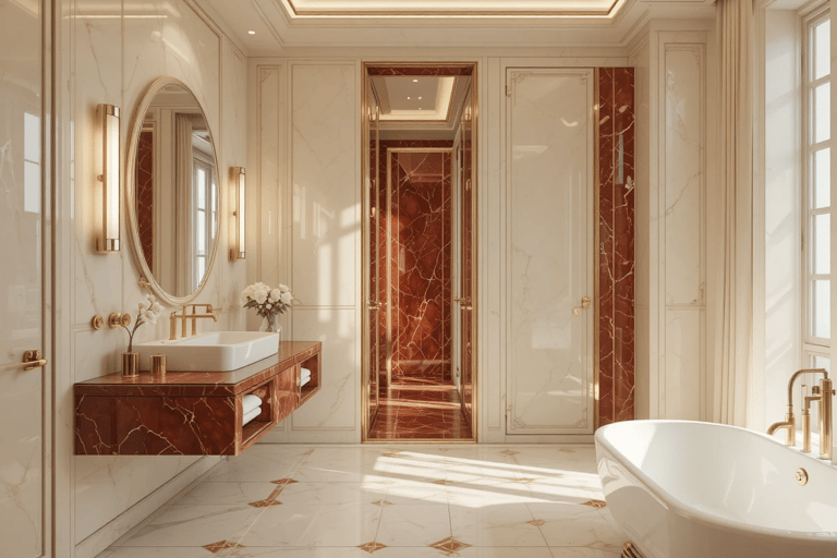 Baño Art Déco moderno en tonos claros con mármol rojo y diseño elegante
