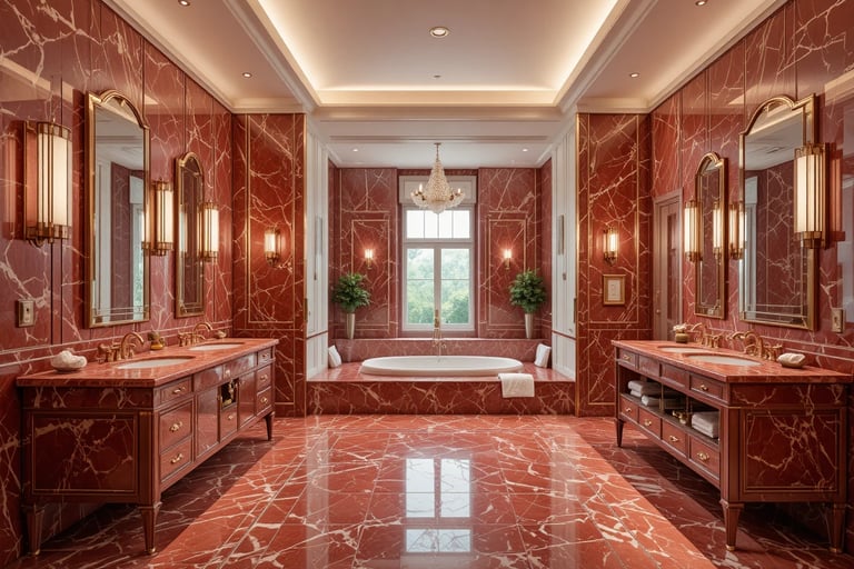 Baño grande de mármol rojo estilo Art Déco moderno elegante y sofisticado