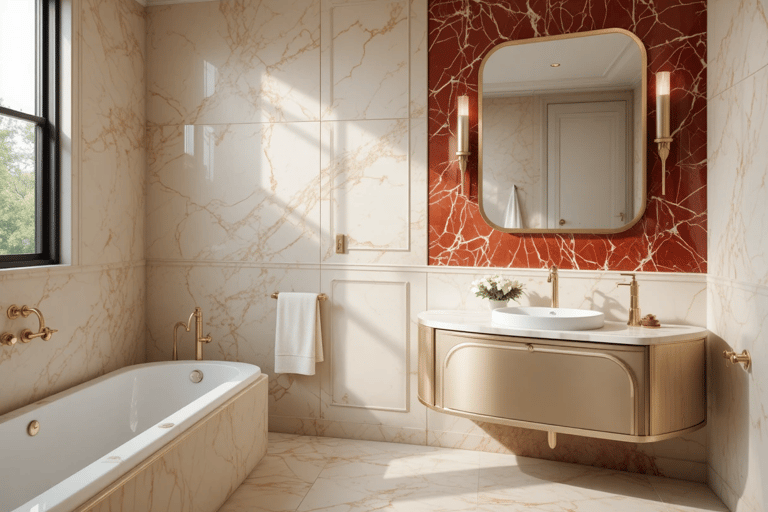 Baño pequeño de mármol rojo estilo Art Déco moderno y luminoso