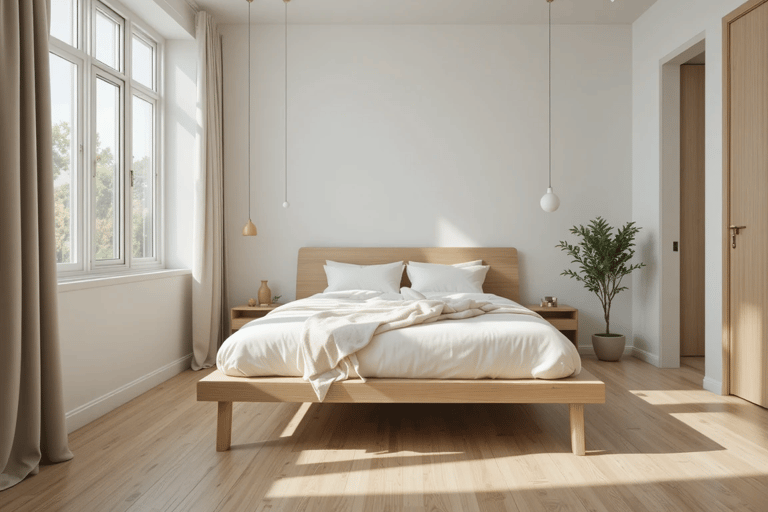 Dormitorio pequeño con cama con patas visibles que deja el suelo libre y aporta mayor ligereza visua