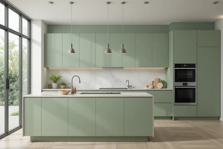 cocina moderna en verde salvia con muebles lisos y diseño minimalista