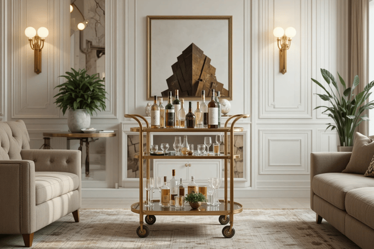 Carrito de bar antiguo estilo Art Déco en salón moderno