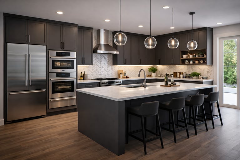 cocina moderna perfecta con isla central y electrodomésticos de acero inoxidable