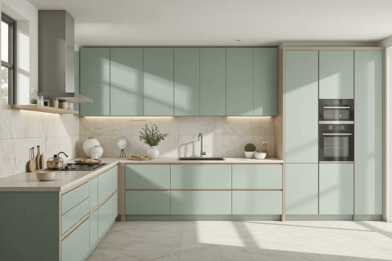 cocina moderna en verde salvia con azulejos cerámicos de acabado mate