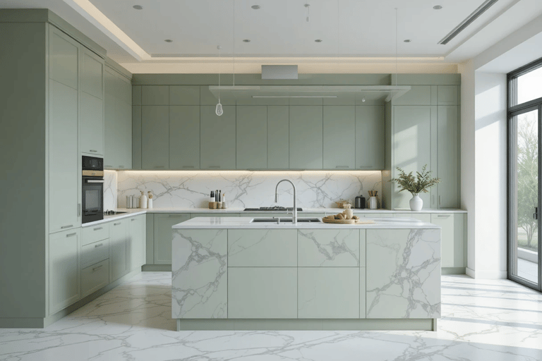 cocina moderna en verde salvia con encimera de mármol claro