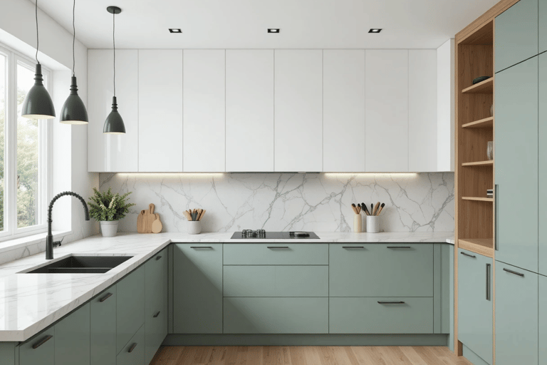 cocina moderna en verde salvia combinada con blanco, madera y encimera clara