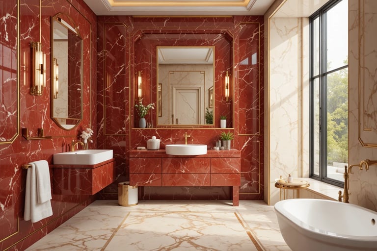 Baño Art Déco moderno con mármol rojo, tonos claros y grifería dorada
